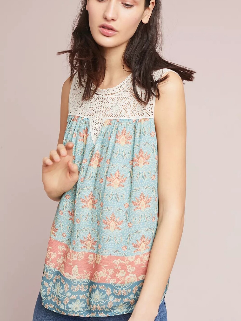 Anthropologie Maeve Blue Pink Sleeveless Crochet Yoke Floral Eleanor Blouse S